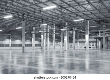 Industrial Building Or Modern Factory For Manufacturing Production Plant Or Large Warehouse, Polished Concrete Floor Clean Condition And Space For Industry Product Display Or Industry Background.