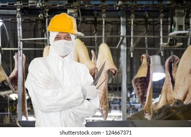 Industrial butcher posing with two filleting knives, wearing protective and hygienic clothing, such as a white suit,  mask and a yellow hard hat, in front of a large animal processing plant - Powered by Shutterstock