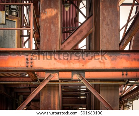 Industrial Cat Walk from abandoned Salt Processing Plant on The Mississippi River with Steel Beams.
