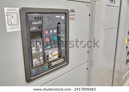 Industrial Circuit Breaker Controls and Safety Labels - Close-Up View