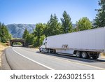 Industrial classic big rig white American semi truck tractor with cab sleeping compartment transporting cargo in dry van semi trailer driving on the road with bridge in Columbia Gorge Recreation area