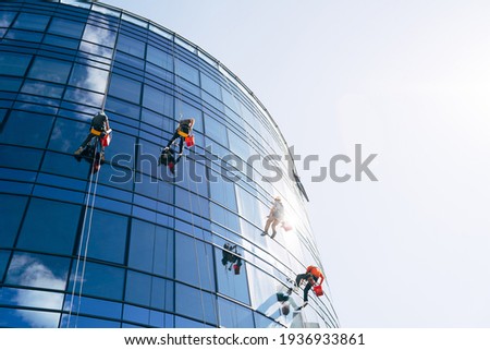 Industrial climbers cleaning blue windows outside building.