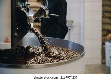 Industrial Coffee Roasting Machine During Working Operations, Small Roasting Coffee Company Facility