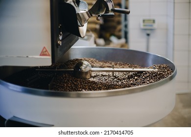 Industrial Coffee Roasting Machine During Working Operations, Small Roasting Coffee Company Facility