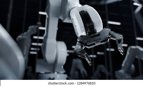 Industrial Concept: Close-up Of New Generation AI  Robotic Arm Ready For Work On A Production Line. Computer Manufacturing. Dark Black Colors.