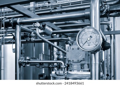 Industrial  concept. equipment of the boiler-house, - valves, tubes, pressure gauges, thermometer. Close up of manometer, pipe, flow meter, water pumps and valves of heating system in a boiler room. - Powered by Shutterstock