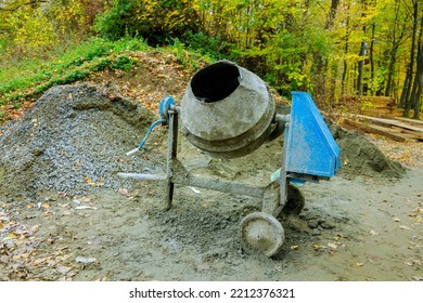 Industrial Concrete Mixer At Construction Site. Preparation Of Concrete Mortar