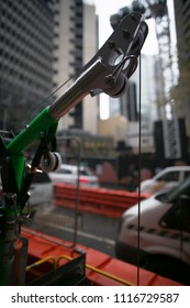 Industrial Confined Space Vertical Safety Rescue Equipment Tripot And Fall Arrest System Stand By At Entry Point Manhole On The Busy Street At Downtown Sydney City CBD, Australia 
