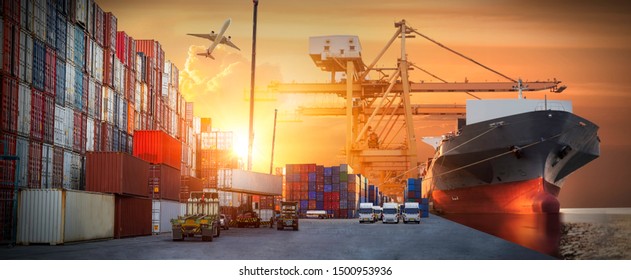 Industrial Container Cargo freight ship, forklift handling container box loading for logistic import export and transport industry concept background