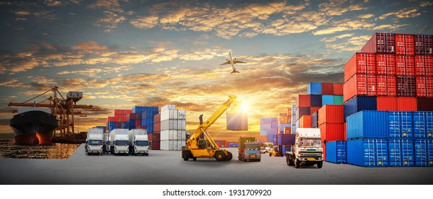 Industrial Container Cargo freight ship, forklift handling container box loading for logistic import export and transport industry concept background transport industry background