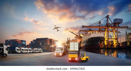 Industrial Container Cargo freight ship, forklift handling container box loading for logistic import export and transport industry concept ฺ Business transport industry background - Shutterstock ID 1959617425