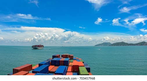 Industrial Container Ship Approaches To The Vung Tau Peninsula, View On The Bow From The Captain Bridge. Vung Tau, Southeastern Vietnam.