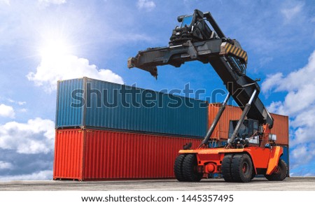 Industrial Containers box from Cargo freight ship for import and export in shipping yard with cargo container stack.