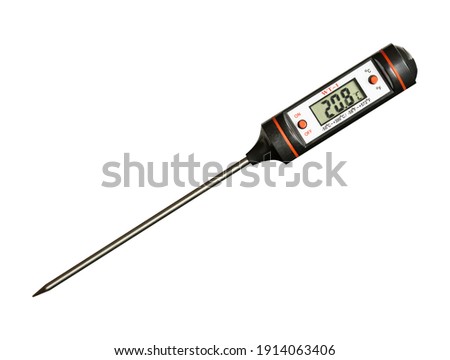 Industrial digital thermometer with probe isolated on white background