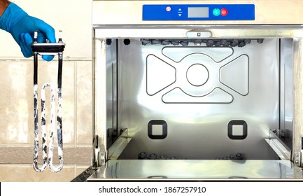 Industrial Dish Washer And Broken Turbular Electric Heating Because Of Over Calcification. Periodic Equipment  Maintenance Concept.