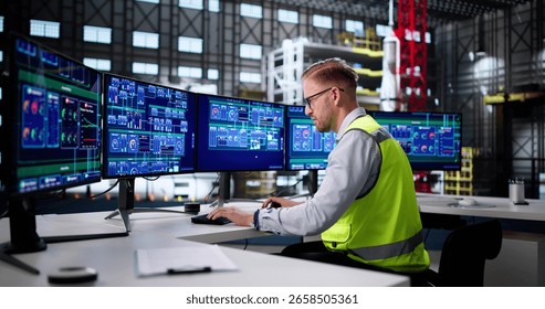 Industrial Engineer Operates SCADA System In High-Tech Factory Control Center