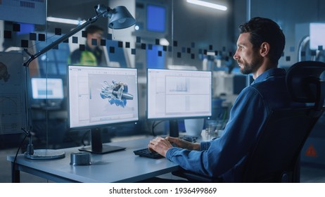 Industrial Engineer Solving Problems, Working on a Personal Computer, Two Monitor Screens Show CAD Software with 3D Prototype of Eco-Friendly Electric Engine Concept. - Shutterstock ID 1936499869