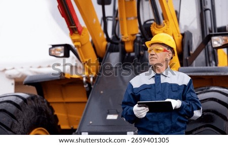 Industrial engineer uses computer tablet to manage production. Adult man in uniform and yellow helmet against background of mining tractor.