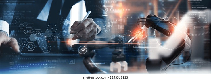 Industrial Engineer using digital tablet for robotic control system software, monitoring automatic robot arm, reduce CO2 emissions carbon footprint, sustainable development. AI Artificial Intelligence