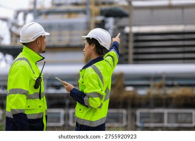  Industrial Engineer Using Digital Tablet for Predictive Maintenance in Oil and Gas Refinery. Team of Engineers Discussing Safety Protocols at Large Scale Oil Refinery Facility. group of industrial engineers workers in a refinery - oil and gas processing equipment and machinery, engineers collaborate with a laptop, blueprint, and digital tablet at the oil storage tanks site.
