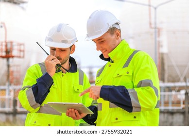 Industrial Engineer Using Digital Tablet for Predictive Maintenance in Oil and Gas Refinery. Team of Engineers Discussing Safety Protocols at Large Scale Oil Refinery Facility.