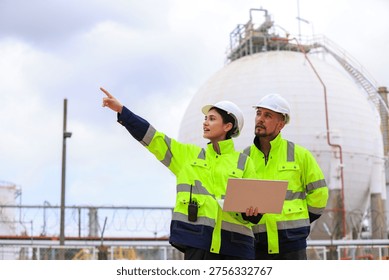Industrial Engineer Using Digital Tablet for Predictive Maintenance in Oil and Gas Refinery. Team of Engineers Discussing Safety Protocols at Large Scale Oil Refinery Facility.