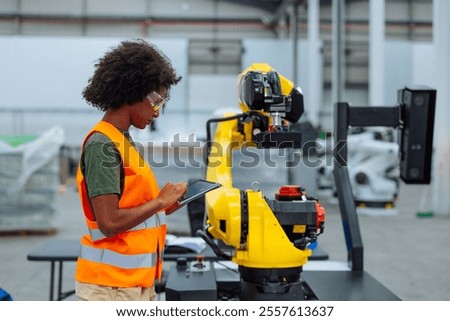 Industrial engineer using digital tablet programming robotic arm in modern factory, focusing on automation and technological advancements in manufacturing