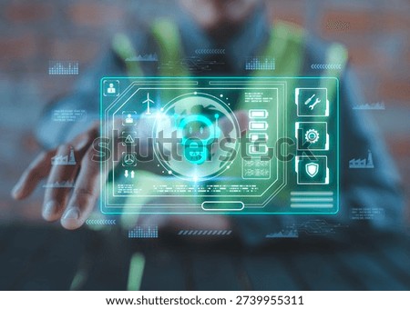 Industrial engineer worker using virtual AI-powered technology interface with global smart factory automation and predictive maintenance icons, Predictive maintenance, Global supply chain