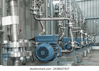 Industrial equipment. Detail of new blue electric motors with pumps on the stainless steel production line. Industrial background. Additive pump station in petrochemical technology. Industrial area. - Powered by Shutterstock