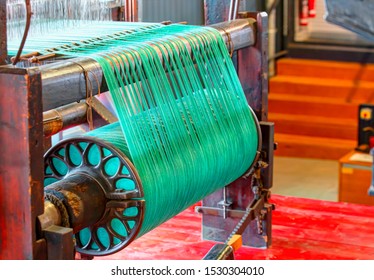 Industrial fabric production line. Weaving cotton  -  Science and Industry Museum, Manchester, UK. 