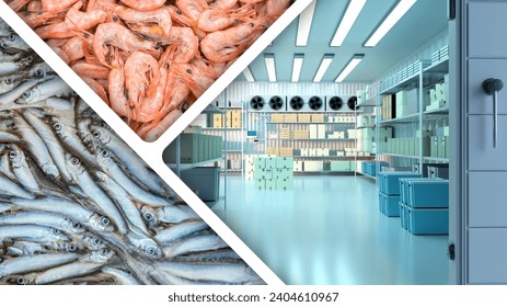 Industrial freezer for fish. Frozen seafood products near cold storage warehouse. Supermarket refrigerator with shrimp in boxes. Freezing equipment for storing fish. Cold refrigerator storage