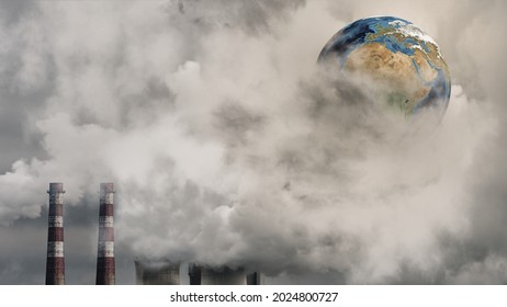 Industrial fumes cause air pollution that is about to cover the world. cause global warming environmental concept