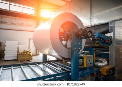 Industrial Galvanized Steel Roll Coil For Metal Sheet Forming Machine In Metalwork Factory Workshop, Sunlight Toned