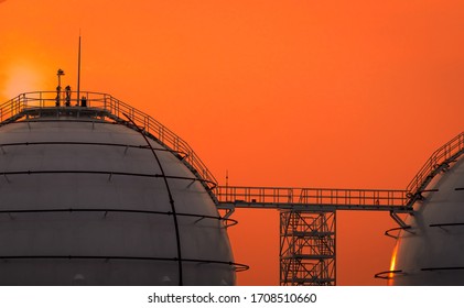 Industrial gas storage tank. LNG or liquefied natural gas storage tank. Spherical gas tank in petroleum refinery. Above-ground storage tank. Natural gas storage industry and global market consumption 