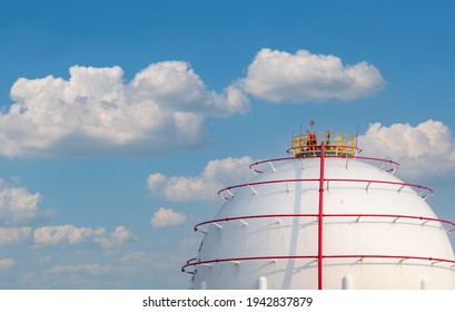 Industrial gas storage tank. LNG or liquefied natural gas storage tank. Spherical Gas reservoirs in petroleum refinery. Above-ground storage tank. Natural gas storage industry. Ball shape lpg tank.
