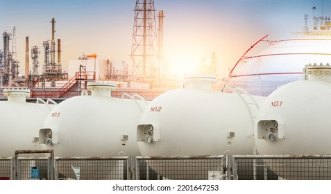 Industrial gas storage tank. LNG or liquefied natural gas storage tank. Energy price crisis. Gas tank in petroleum refinery. Energy crisis. Natural gas storage industry and global market consumption.