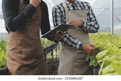 In the Industrial Greenhouse Two Agricultural Engineers Test Plants Health and Analyze Data with Tablet Computer. - Powered by Shutterstock