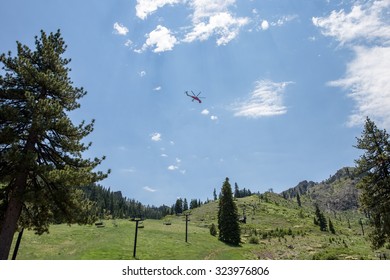 Industrial helicopter with trailing cable and hook in the mountains.  Tall pine trees and light rays lead to the helicopter.  Room for copy or added banner in the sky if needed.