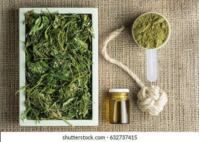 Industrial hemp plant products: tea, oil, rope and protein powder on 100% hemp fabric