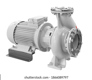 Industrial high-pressure water pump with electric motor drive Isolated on white background.