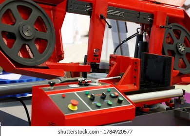 Industrial Horizontal Metal Cutting Band Saw Machine. Selective Focus.