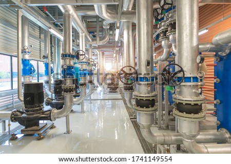 Industrial interior chiller and boiler HVAC heating ventilation air conditioning system and pipeping line of industrial construction at boiler pump room system in the factory