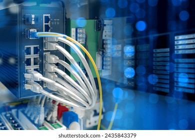 Industrial internet equipment. Network switch. Equipment for internet provision. Network switch in server room. Telecommunications equipment for factory. Network technologies. Net switch - Powered by Shutterstock