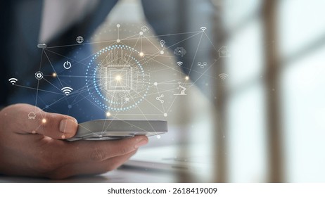 Industrial IoT and AI based technology concept with human hand using mobile device to manage smart automation, cloud network, and digital data flow for intelligent business operations.