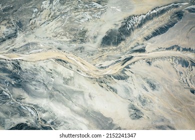 Industrial Landscape. Aerial View. Dry Surface. Desertic Landscape. Human Impact On The Environment. View From Above. Abstract Industrial Background. 