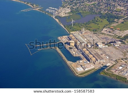 industrial landscape aerial, view of the Pickering nuclear generating station in Ontario Canada