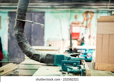 Industrial Lathe Tool, Drilling And Vacuuming The Saw Dust From Wood Processing