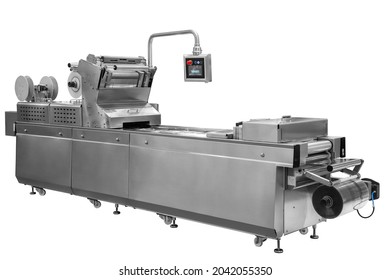 Industrial Line For Packaging Of Food Products. Packing Of Bread At The Factory.The Machine For Cutting And Packing In A Factory For The Production Of Bread. Isolated On White Background