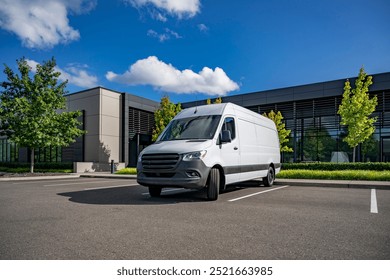 Industrial local carrier compact white maneuverable and economical cargo mini van making timely delivery to customer work place standing on the industrial parking lot for unload the goods