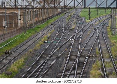 Industrial logistic and transportation concept background, forward railway track switch for train. Railway and industrial area of city. View from above. High quality photo